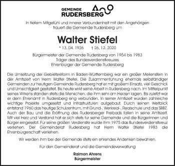 Traueranzeige von Walter Stiefel von Waiblinger Kreiszeitung