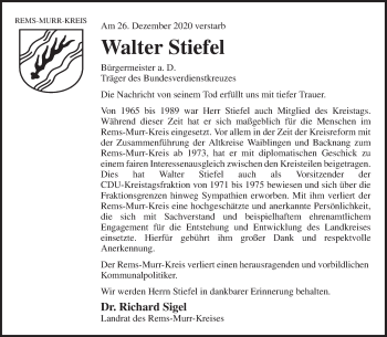 Traueranzeige von Walter Stiefel von Waiblinger Kreiszeitung