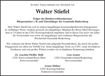 Traueranzeige von Walter Stiefel von Waiblinger Kreiszeitung