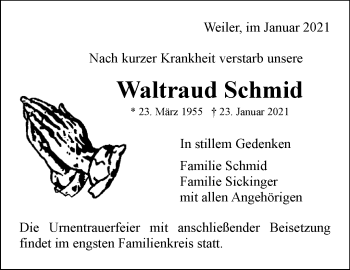 Traueranzeige von Waltraud Schmid von Waiblinger Kreiszeitung