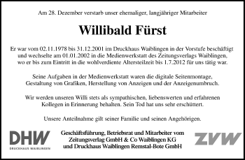 Traueranzeige von Willibald Fürst von Waiblinger Kreiszeitung