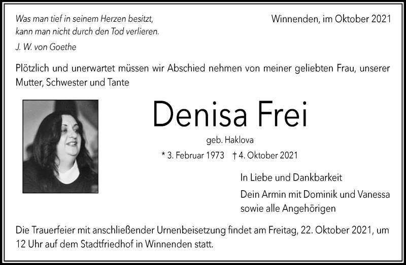  Traueranzeige für Denisa Frei vom 18.10.2021 aus Waiblinger Kreiszeitung
