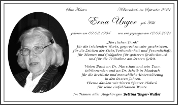 Traueranzeige von Erna Unger von Waiblinger Kreiszeitung
