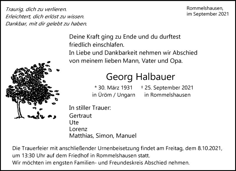  Traueranzeige für Georg Halbauer vom 04.10.2021 aus Waiblinger Kreiszeitung