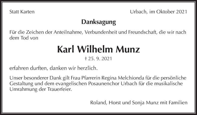  Traueranzeige für Karl Wilhelm Munz vom 07.10.2021 aus Waiblinger Kreiszeitung