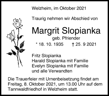 Traueranzeige von Margrit Slopianka von Waiblinger Kreiszeitung