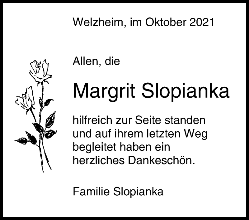  Traueranzeige für Margrit Slopianka vom 13.10.2021 aus Waiblinger Kreiszeitung