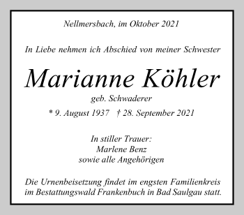 Traueranzeige von Marianne Köhler von Waiblinger Kreiszeitung