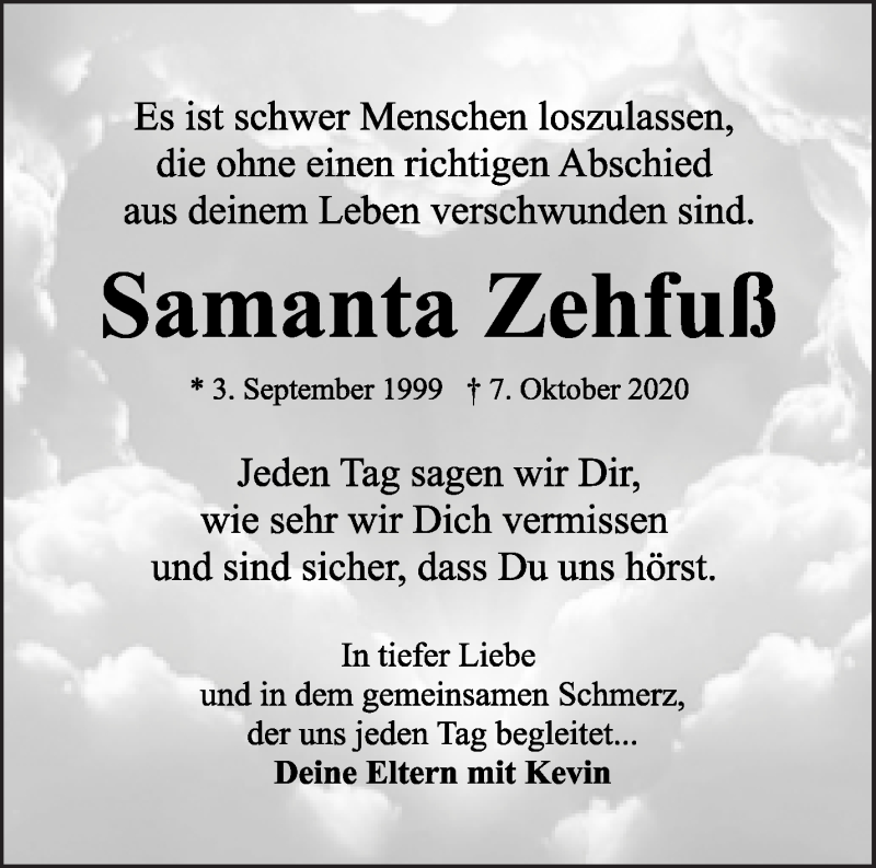  Traueranzeige für Samanta Zehfuß vom 07.10.2021 aus Waiblinger Kreiszeitung