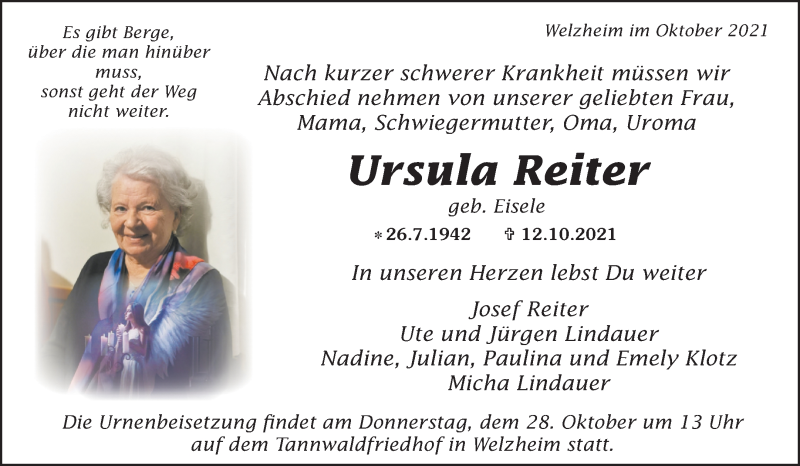  Traueranzeige für Ursula Reiter vom 25.10.2021 aus Waiblinger Kreiszeitung
