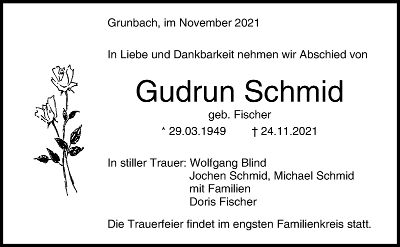  Traueranzeige für Gudrun Schmid vom 29.11.2021 aus Waiblinger Kreiszeitung