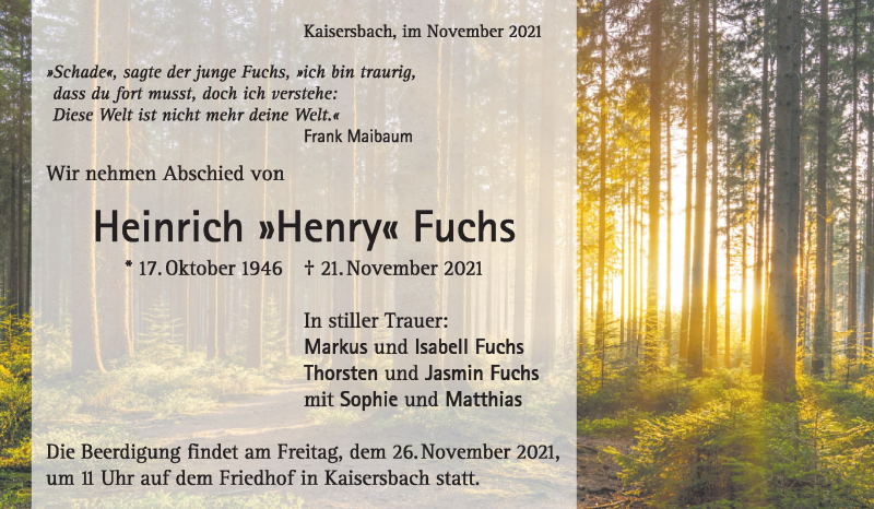  Traueranzeige für Heinrich  Fuchs vom 24.11.2021 aus Waiblinger Kreiszeitung