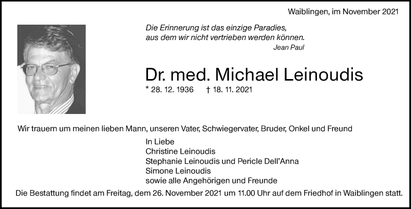  Traueranzeige für Michael Leinoudis vom 23.11.2021 aus Waiblinger Kreiszeitung