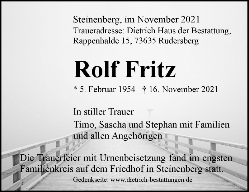  Traueranzeige für Rolf Fritz vom 29.11.2021 aus Waiblinger Kreiszeitung