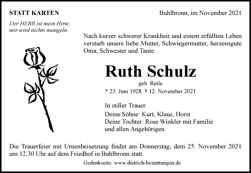  Traueranzeige für Ruth Schulz vom 23.11.2021 aus Waiblinger Kreiszeitung