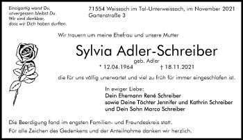 Traueranzeige von Sylvia Adler-Schreiber von Waiblinger Kreiszeitung
