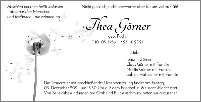  Traueranzeige für Thea Görner vom 29.11.2021 aus Waiblinger Kreiszeitung