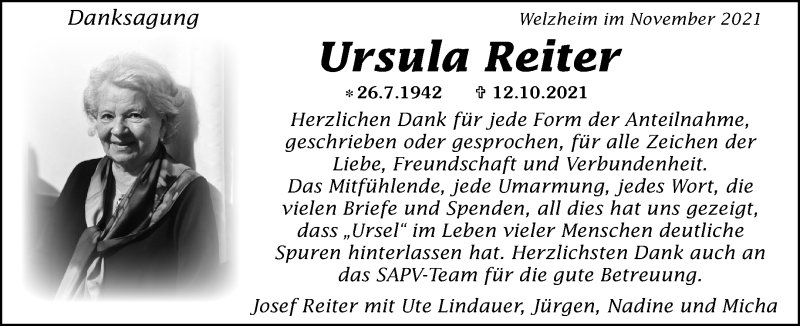  Traueranzeige für Ursula Reiter vom 29.11.2021 aus Waiblinger Kreiszeitung