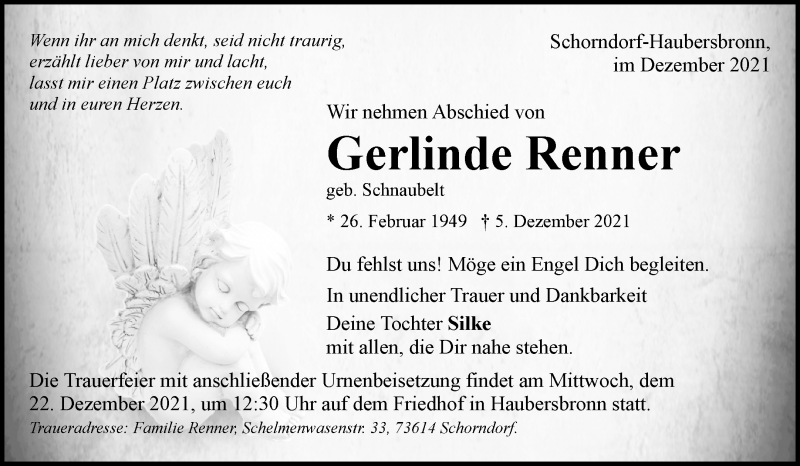  Traueranzeige für Gerlinde Renner vom 11.12.2021 aus Waiblinger Kreiszeitung