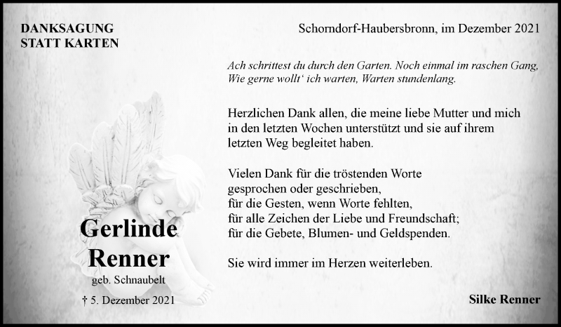  Traueranzeige für Gerlinde Renner vom 31.12.2021 aus Waiblinger Kreiszeitung