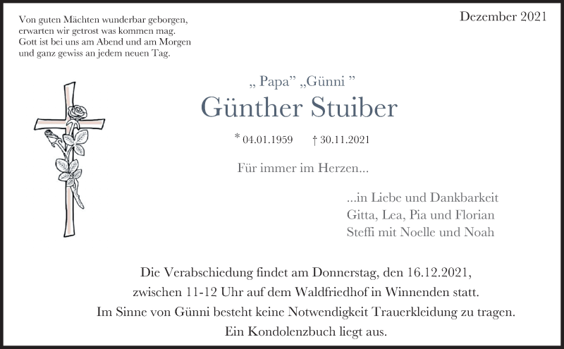  Traueranzeige für Günther Stuiber vom 14.12.2021 aus Waiblinger Kreiszeitung