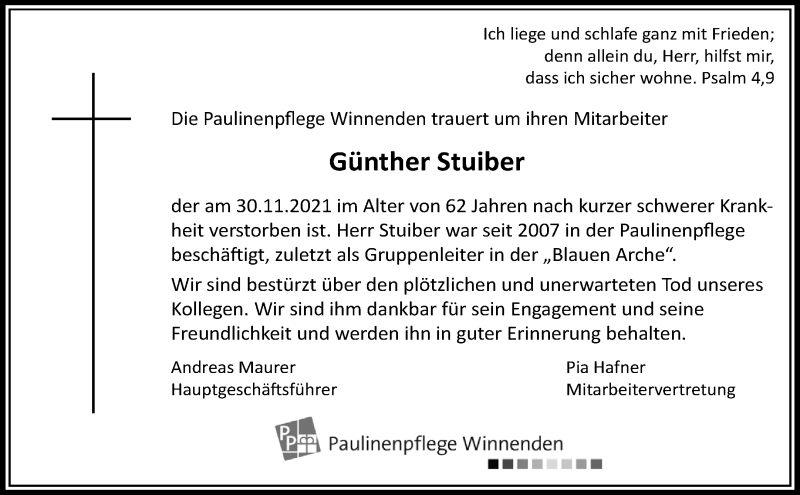 Traueranzeige für Günther Stuiber vom 15.12.2021 aus Waiblinger Kreiszeitung