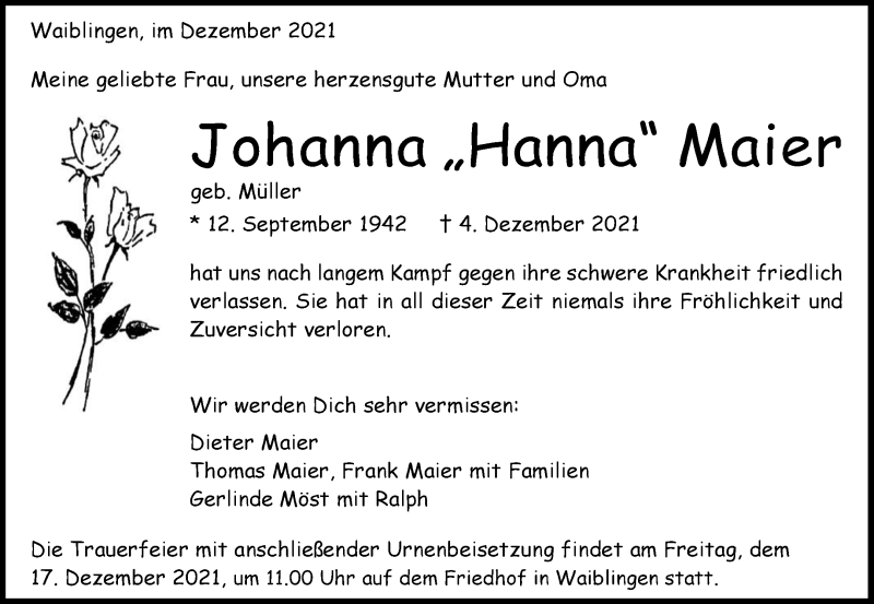  Traueranzeige für Johanna Hanna Maier vom 11.12.2021 aus Waiblinger Kreiszeitung