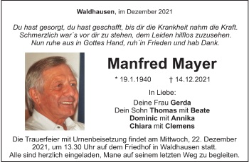 Traueranzeige von Manfred Mayer von Waiblinger Kreiszeitung