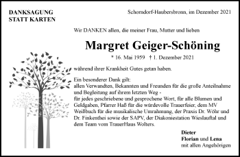 Traueranzeige von Margret Geiger-Schöning von Waiblinger Kreiszeitung