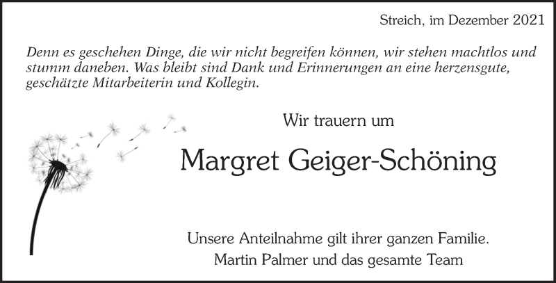  Traueranzeige für Margret Geiger-Schöning vom 07.12.2021 aus Waiblinger Kreiszeitung