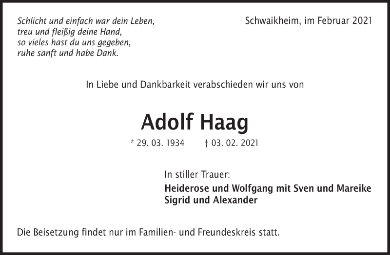  Traueranzeige für Adolf Haag vom 12.02.2021 aus Waiblinger Kreiszeitung