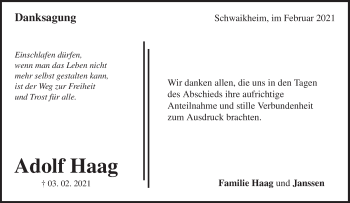 Traueranzeige von Adolf Haag von Waiblinger Kreiszeitung