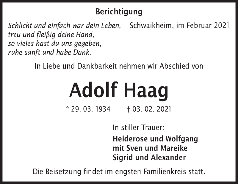  Traueranzeige für Adolf Haag vom 18.02.2021 aus Waiblinger Kreiszeitung