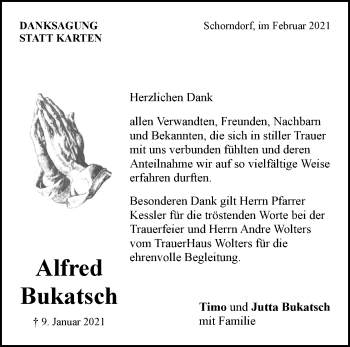 Traueranzeige von Alfred Bukatsch von Waiblinger Kreiszeitung