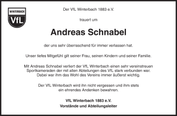 Traueranzeige von Andreas Schnabel von Waiblinger Kreiszeitung