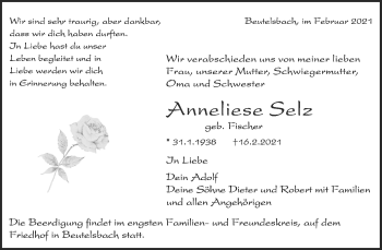 Traueranzeige von Anneliese Selz von Waiblinger Kreiszeitung