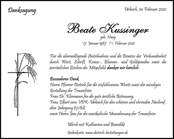 Traueranzeige von Beate Kussinger von Waiblinger Kreiszeitung