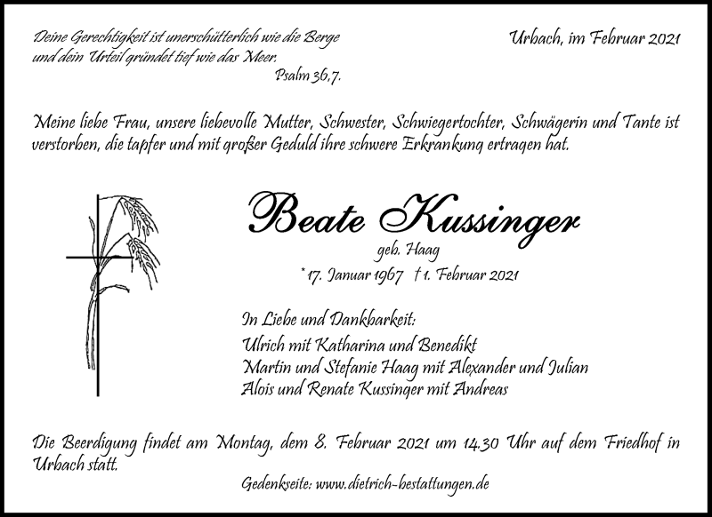  Traueranzeige für Beate Kussinger vom 05.02.2021 aus Waiblinger Kreiszeitung