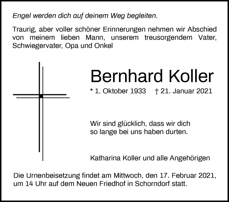  Traueranzeige für Bernhard Koller vom 13.02.2021 aus Waiblinger Kreiszeitung