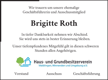 Traueranzeige von Brigitte Roth von Waiblinger Kreiszeitung
