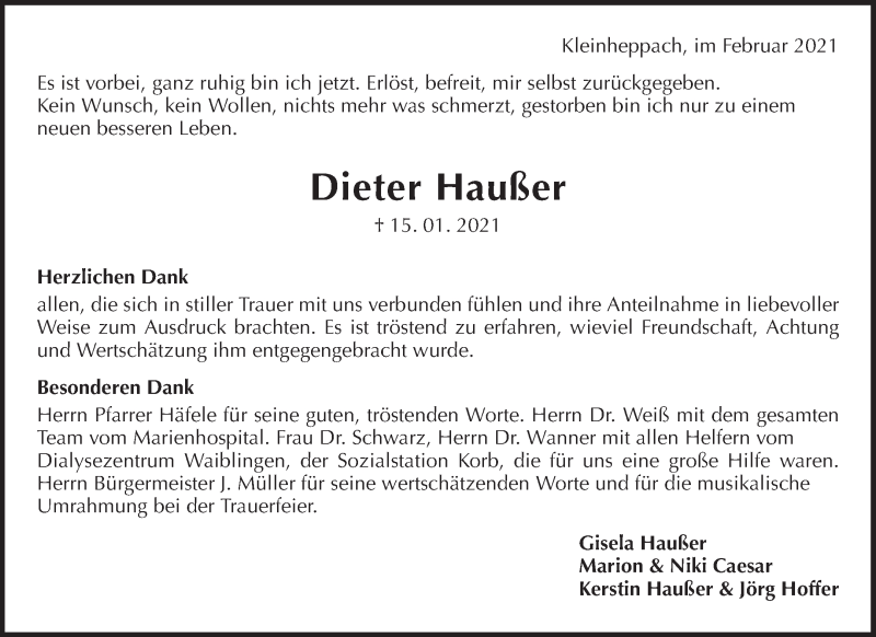  Traueranzeige für Dieter Haußer vom 20.02.2021 aus Waiblinger Kreiszeitung