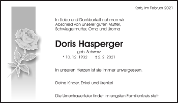 Traueranzeige von Doris Hasperger von Waiblinger Kreiszeitung