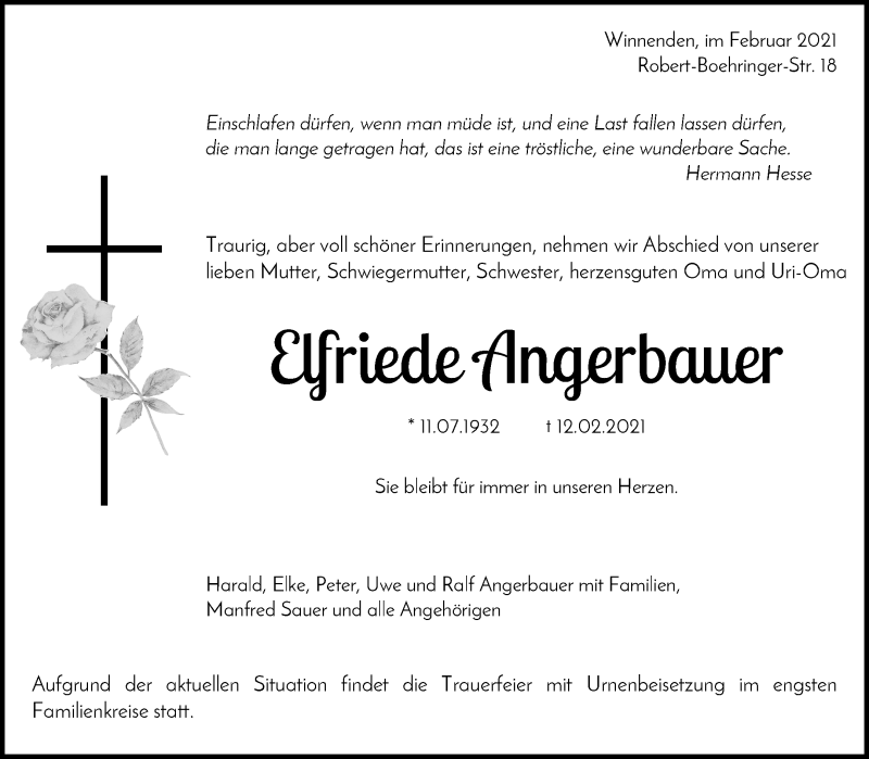  Traueranzeige für Elfriede Angerbauer vom 27.02.2021 aus Waiblinger Kreiszeitung