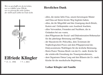 Traueranzeige von Elfriede Klingler von Waiblinger Kreiszeitung