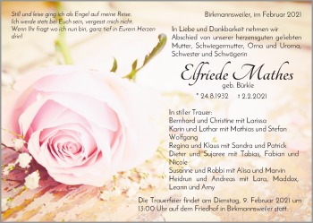 Traueranzeige von Elfriede Mathes von Waiblinger Kreiszeitung