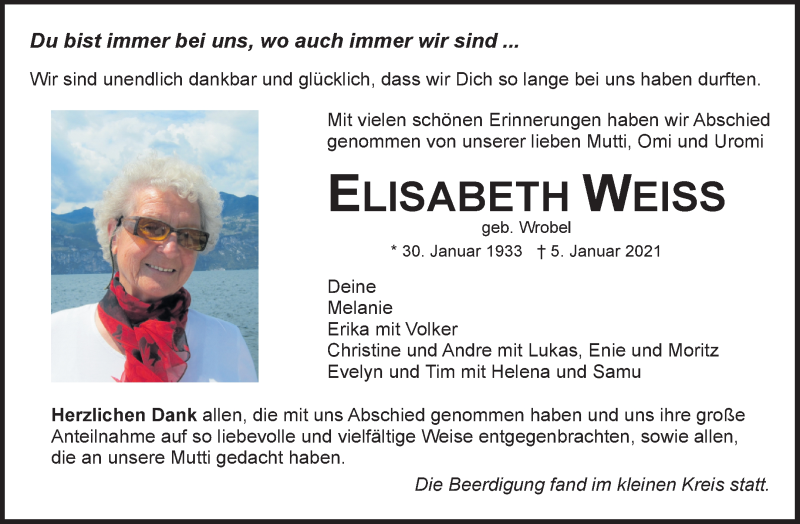  Traueranzeige für Elisabeth Weiss vom 02.02.2021 aus Waiblinger Kreiszeitung