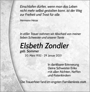 Traueranzeige von Elsbeth Zondler von Waiblinger Kreiszeitung