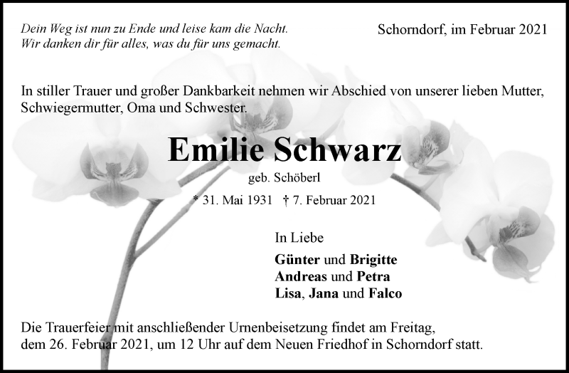  Traueranzeige für Emilie Schwarz vom 20.02.2021 aus Waiblinger Kreiszeitung