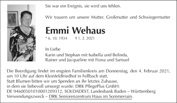 Traueranzeige von Emmi Wehaus von Waiblinger Kreiszeitung