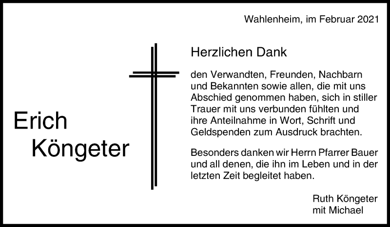  Traueranzeige für Erich Köngeter vom 22.02.2021 aus Waiblinger Kreiszeitung